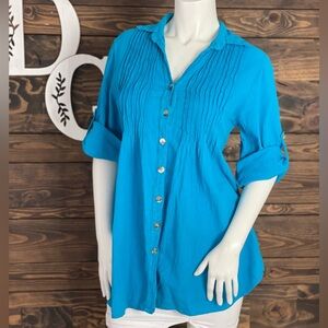 Dunes | Pleated Button Down Blouse Vibrant Blue Rounded Hem Split Collared Tunic